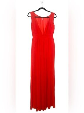 Red Plunging V-Neck Sleeveless Maxi Dress